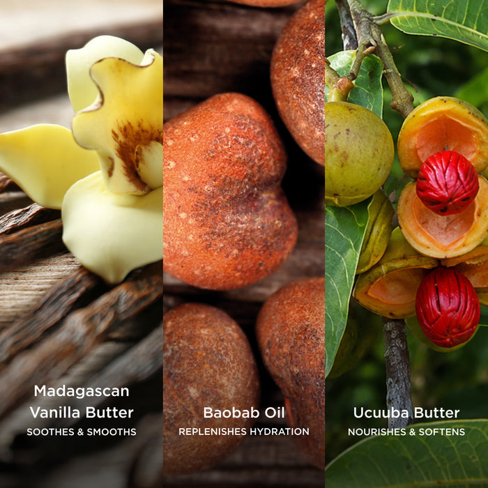 Three ingredient panels showing Madagascan Vanilla Butter with the text "Soothes & Smooths", Baobab Oil with the text "Replenishes Hydration", and Ucuuba Butter with the text "Nourishes & Softens".