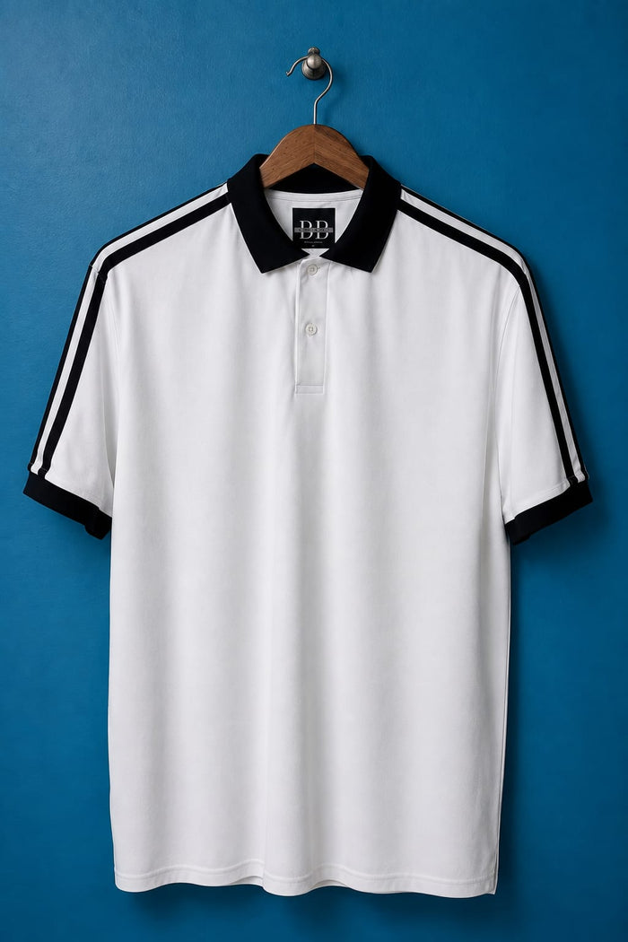 White & Black Striped Half Sleeved Polo T-shirt