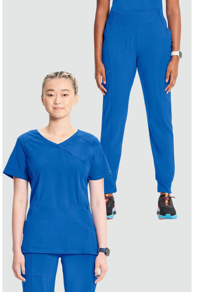 Women's Scrub Set: 4-Pocket Knit Panel Mock Wrap Scrub Top & Elastic Waistband Jogger Scrub Pant