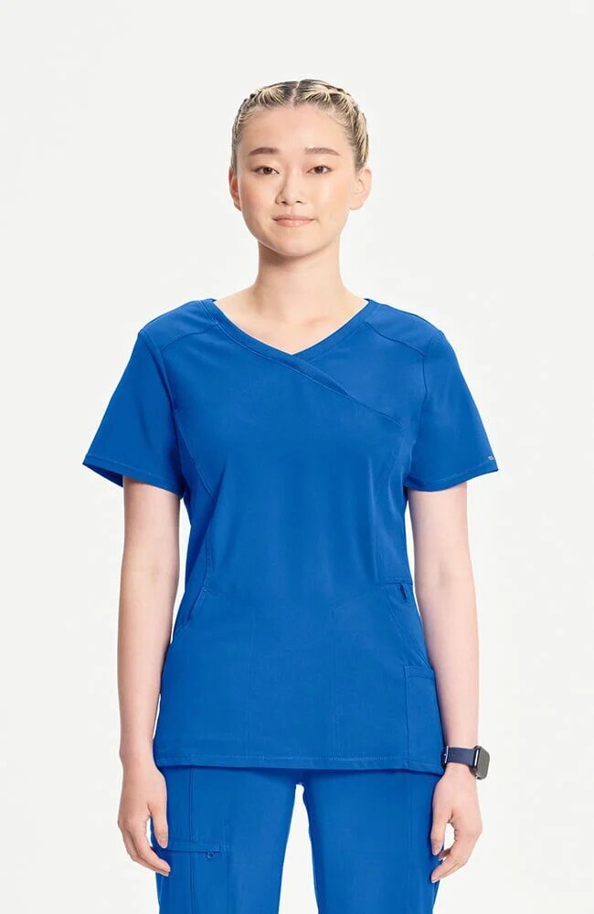 Women's Scrub Set: 4-Pocket Knit Panel Mock Wrap Scrub Top & Elastic Waistband Jogger Scrub Pant