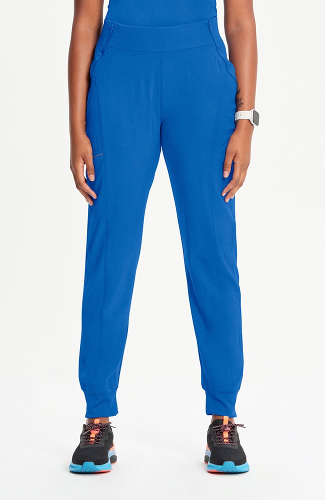 Women's Scrub Set: 4-Pocket Knit Panel Mock Wrap Scrub Top & Elastic Waistband Jogger Scrub Pant
