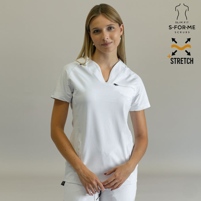Women's scrub top 915 White — front view, slim fit V-neck, S-FOR-ME Scrubs