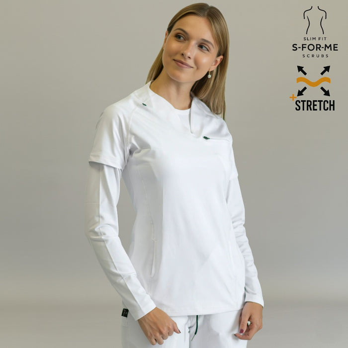 White women's scrub top model 915 — side profile, raglan sleeves, super stretch fabric