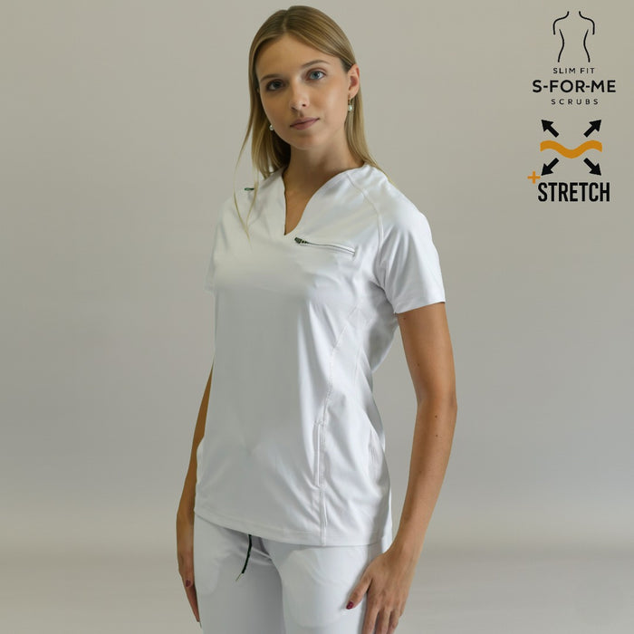 Women's 915 White scrub top — chest pocket detail and V-neckline close-up
