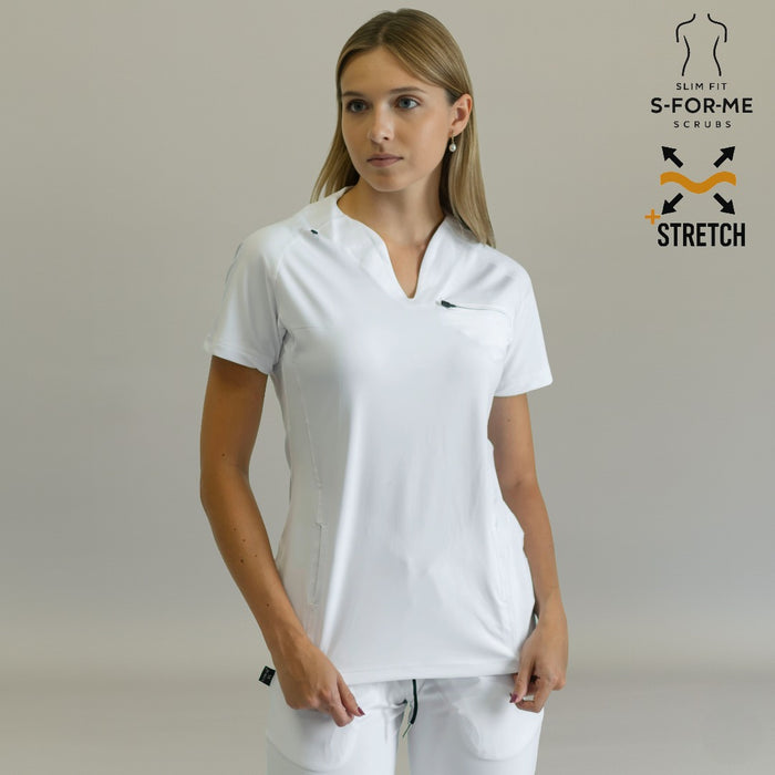 Women's scrub top 915 White — back view showing slim fit and clean finish
