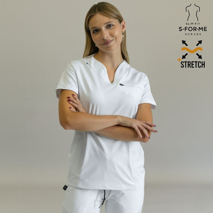 Women's 915 White scrub top — three-quarter angle, professional healthcare uniform