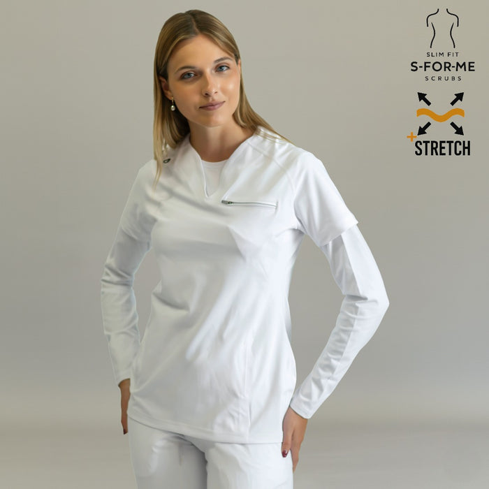 Women's white scrub top 915 — long sleeve layering option, super stretch comfort