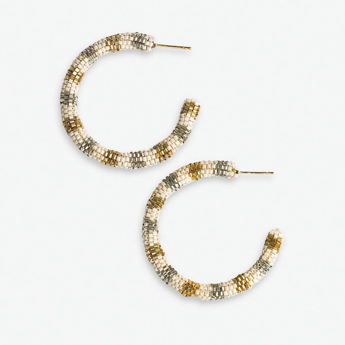 Small beaded hoop earrings, gold-toned beads with striped pattern, wire posts.